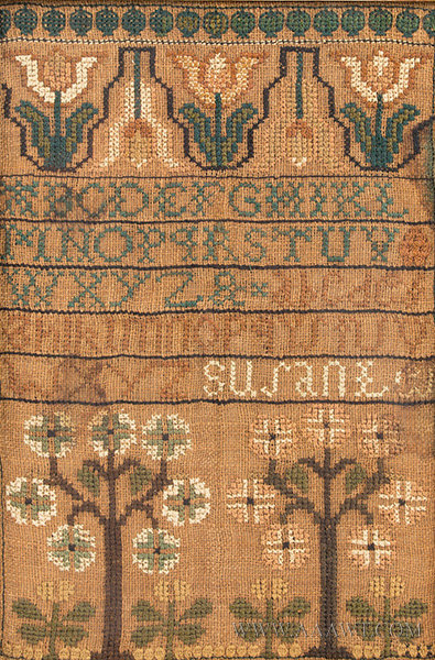 Antique Needlework, Sampler, Possibly Norwich, Connecticut, close up view